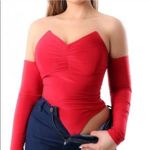 Red cut out shoulder Bodysuit
